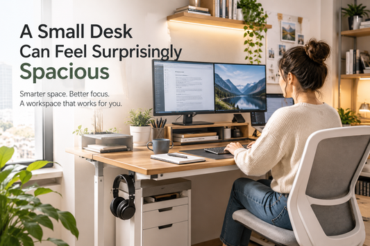 Small desk organized as a workstation to maximize usable space