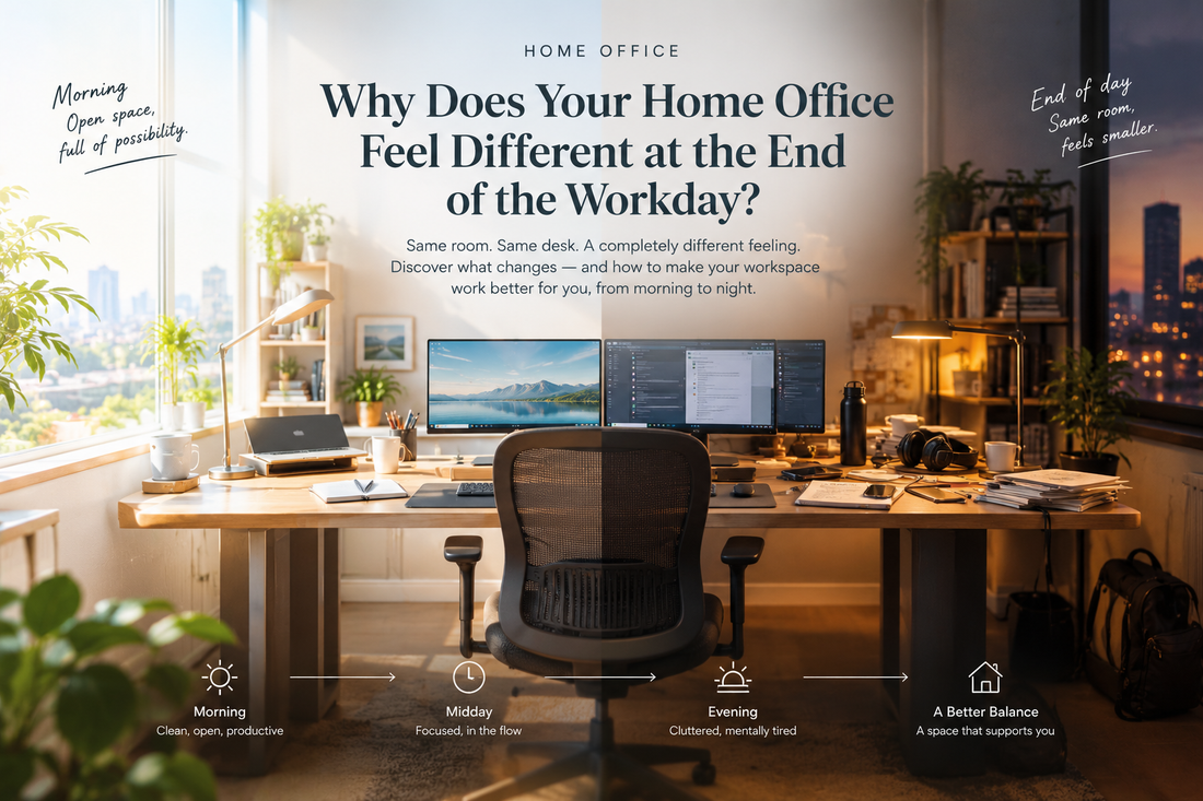 Home office with dual monitors, showing bright morning light on one side and evening desk clutter on the other.