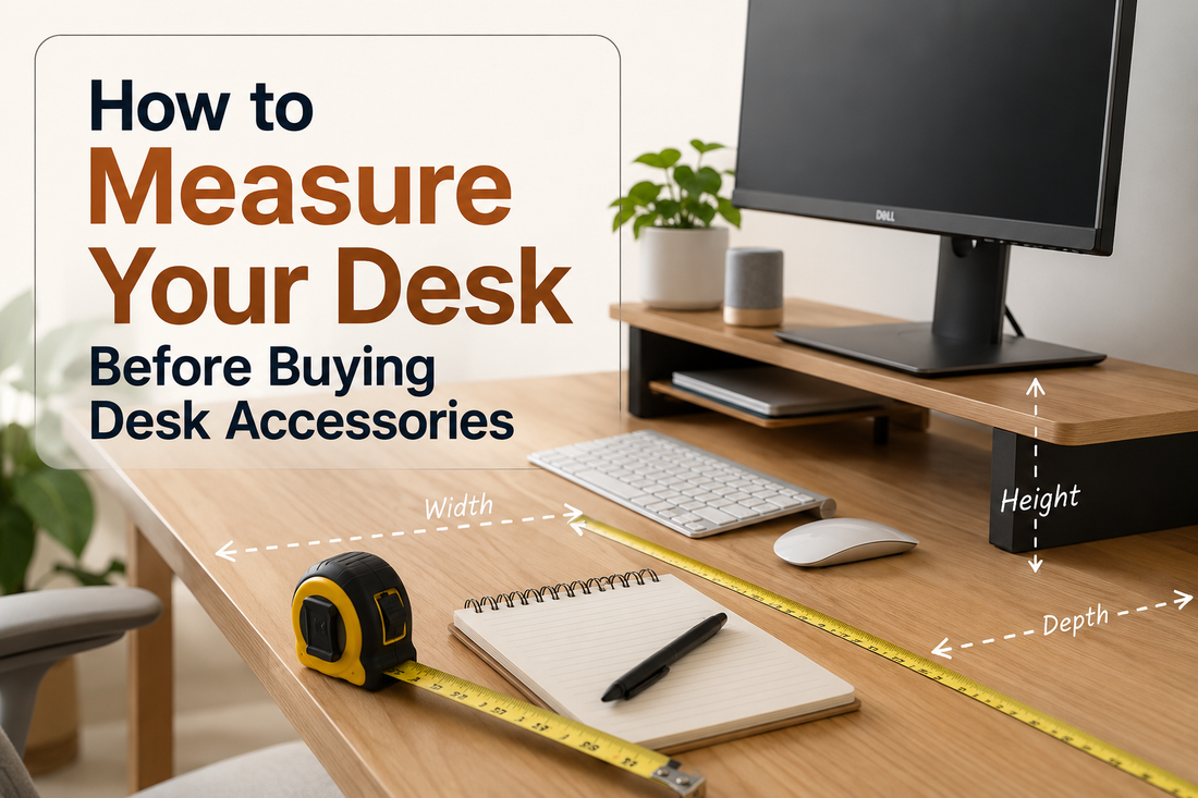 Measuring a desk with a tape measure before buying desk accessories like a monitor riser and desk extender