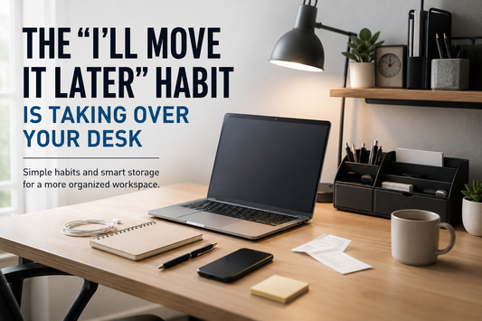 Cluttered home office desk with cables, notebooks, and accessories piling up over time