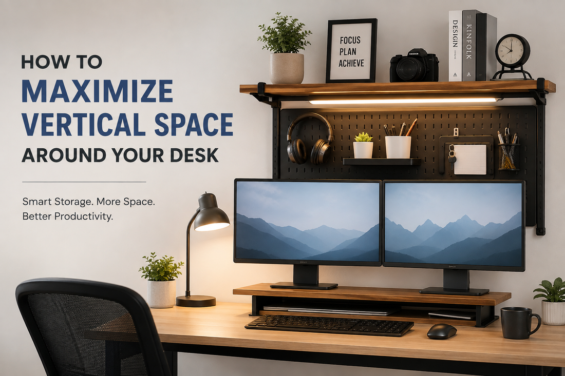 Clamp-on desk shelf and vertical storage solutions for a small workspace