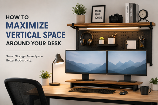 Clamp-on desk shelf and vertical storage solutions for a small workspace