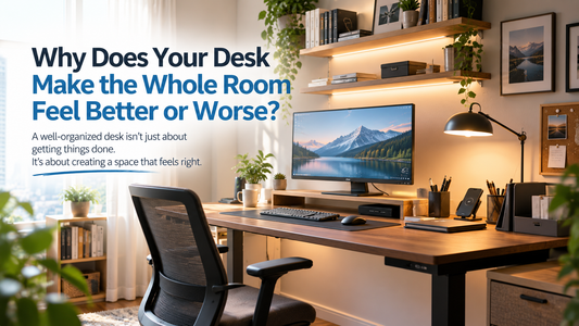 Calm, organized home workspace with a balanced desk setup