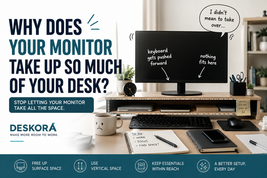 Cluttered desk with monitor taking up most of the surface space