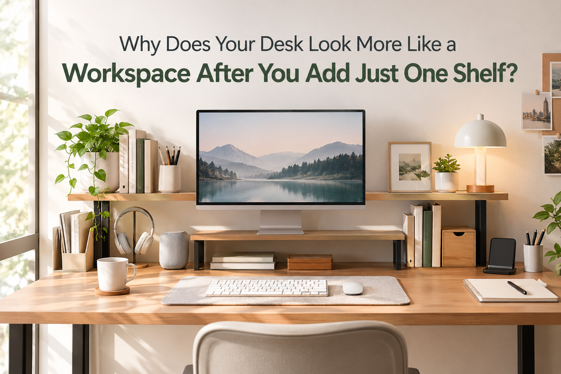 Minimalist desk setup with a wooden shelf above the monitor creating a clean, organized workspace