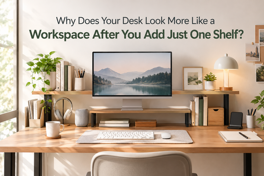 Minimalist desk setup with a wooden shelf above the monitor creating a clean, organized workspace