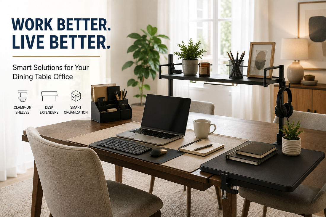 Dining table converted into a functional home office workspace with desk accessories