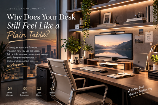 Minimal home office desk setup with a desktop shelf and monitor riser for a polished, layered workspace look