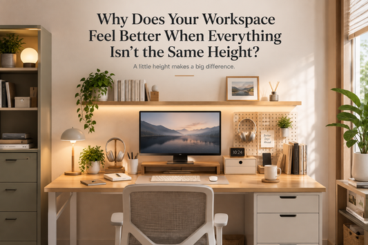Layered home office desk setup with a monitor shelf and vertical storage