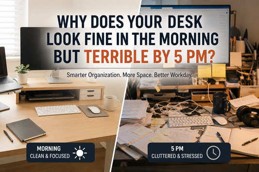 Cluttered home office desk by end of workday with cables, notebooks, and accessories spread across the surface