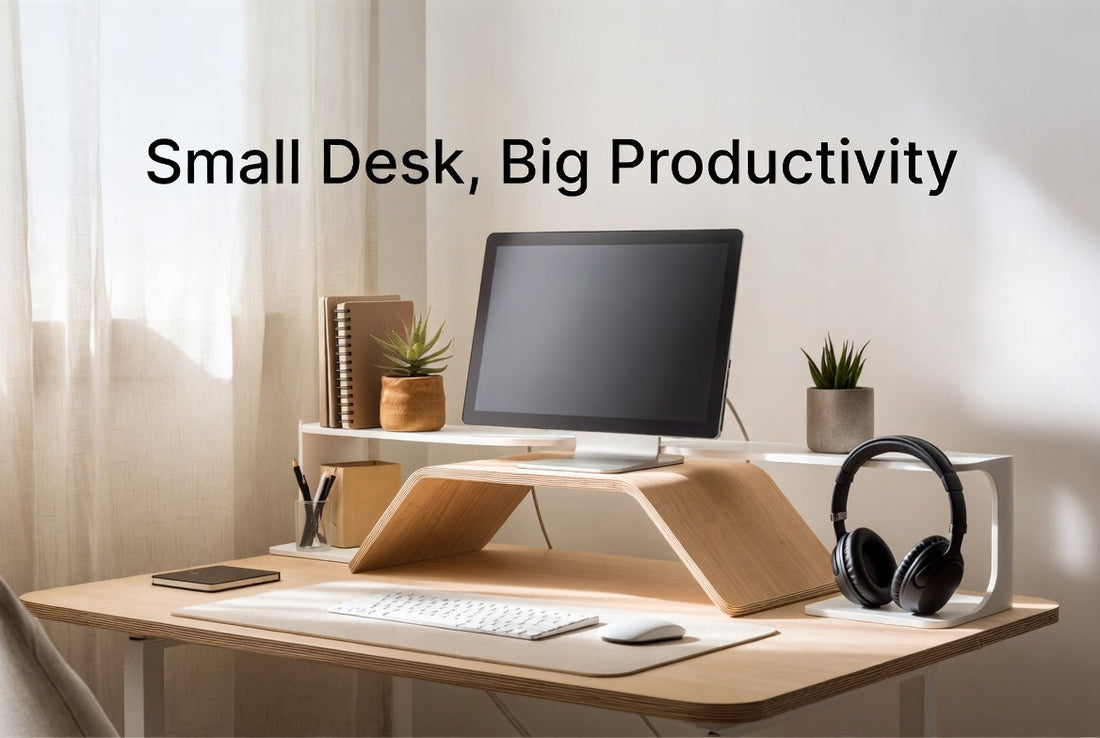 A small desk organized to feel more spacious with smart storage solutions