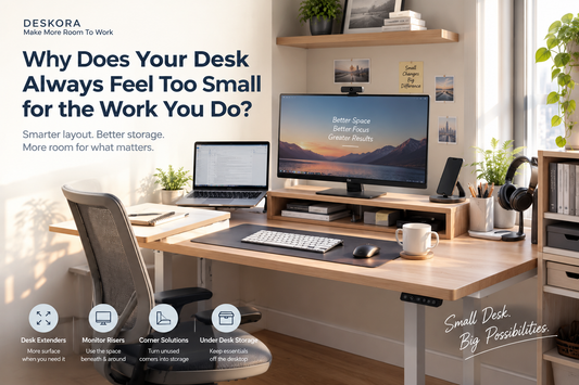 Compact home office desk with a monitor riser, laptop, side extension, and organized accessories.