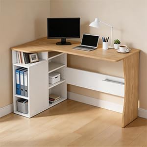 GAOMON L Shaped Office Desk with Storage Shelves, Small Corner Computer Desk for Home Office, Bedroom or Study, Space Saving Writing Workstation, Wood Desk with Side Cabinet,White