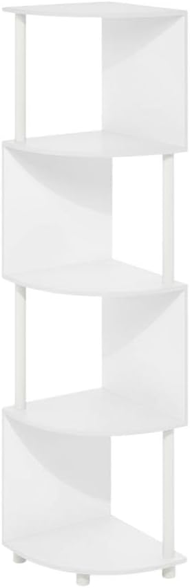 Furnifact White White 4-Tier Zigzag Corner Shelf Bookcase, Space-Saving Modern Design, Sturdy Wooden Construction, Ideal for Living Room and Office Storage