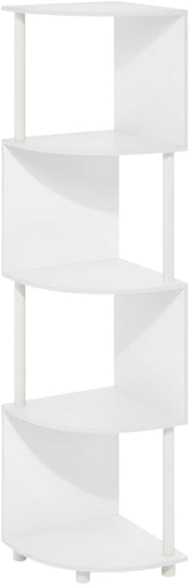 Furnifact White White 4-Tier Zigzag Corner Shelf Bookcase, Space-Saving Modern Design, Sturdy Wooden Construction, Ideal for Living Room and Office Storage
