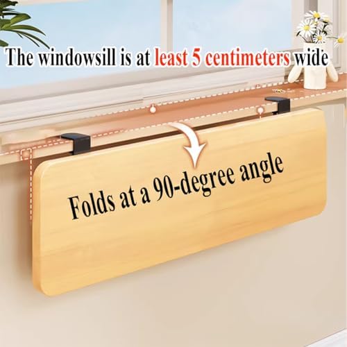 Foldable Window Sill Extender, Tool-Free Clip-On Desk Extension, Rustproof Carbon Steel & Wood Tray for Kitchen Bathroom Balcony, Space Saving Plant Shelf, 25x90cm