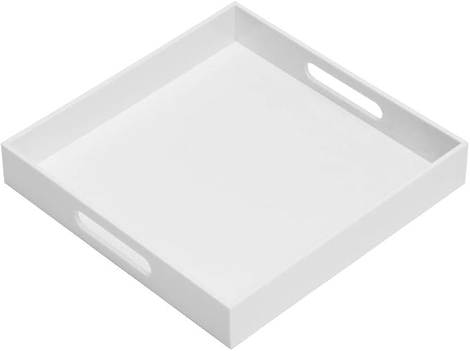 Glossy White Sturdy Acrylic Serving Tray with Handles-12x12Inch-Serving Coffee,Appetizer,Breakfast,Butler-Kitchen Countertop -Cosmetics Organizer-Vanity Table Tray-Ottoman Tray-Decorative