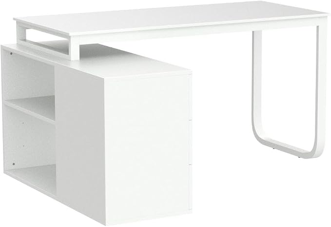 Homsee Home Office Computer Desk Corner Desk with 3 Drawers and 2 Shelves, 54 Inch Large L-Shaped Study Writing Table with Storage Cabinet - White