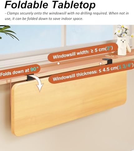 Fold Down Window Extender Shelf, Clamp On Desk Edge Extension Plate, 90 Degree Rotating Ledge for Plants Decor Storage, Space Saving Organizer with Iron Brackets MDF, Fits Thick Sills