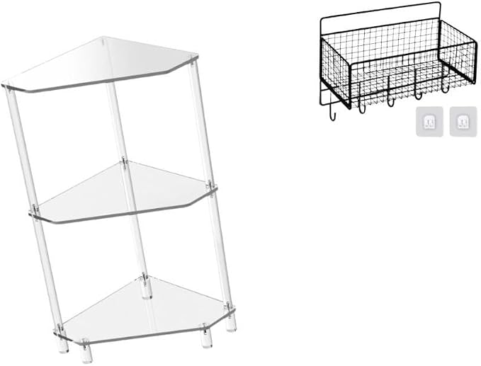 Acrylic Corner Side Table Includes Three Tier End Table Hanging Wall Organizer Cabinet Storage Basket Shelves Clear Acrylic and Metal Wir