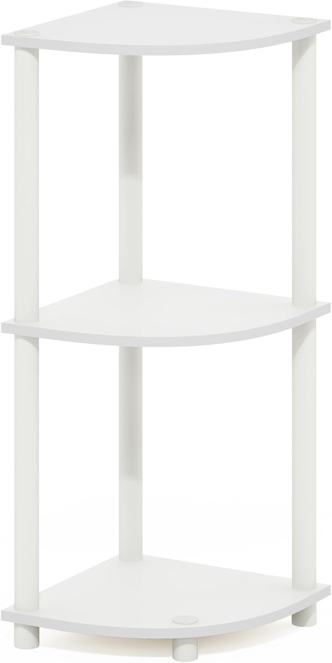 Furinno Turn-N-Tube Toolless Assembly 3-Tier Corner Shelf, White Corner Book Shelf, Open Shelves Bookshelf, for Organization and Storage, Living Room, Home Office, Bedroom, Plain White