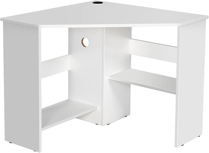 Small Corner Desk, 90 Degree Triangle Computer Workstation with Storage Shelves & CPU Stand, White Corner Vanity for Bedroom, Wooden Table for Small Spaces