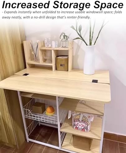 Fold Down Window Extender Shelf, Clamp On Desk Edge Extension Plate, 90 Degree Rotating Ledge for Plants Decor Storage, Space Saving Organizer with Iron Brackets MDF, Fits Thick Sills