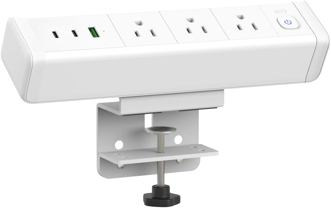 Desk Clamp Power Strip 3 Outlet 2PD20W USB-C Ports,1 USB-A Ports,Desktop Edge Mount Outlet Spaced Surge Protector Fast Charging Station, 6.6 Ft Extension Cord for Office Home. (White)