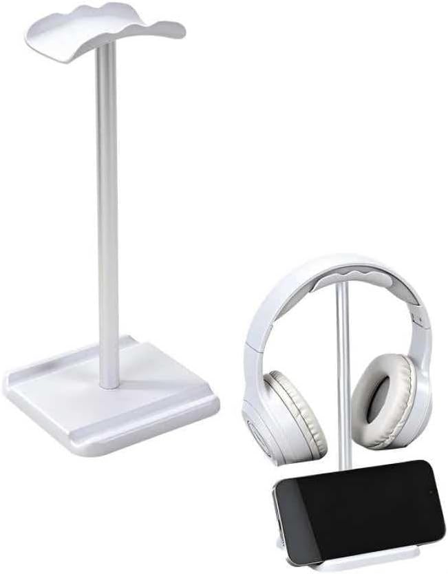 Headphone Stand, Headset Holder with Phone Holder for Desk Office Gaming, TPU-Padded Headrest, Aluminum Pole, Anti-Slip ABS Base, Universal Earphone Stand, 1 Pack White