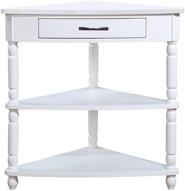 3-Tier Corner Display Rack Small Corner Table Wood Triangle Side Table with Drawer & 2 Open Shelves Multipurpose Shelving Unit for Living Room Bedroom (Milk White)