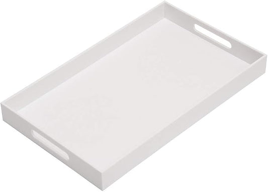 KEVLANG Glossy White Sturdy Acrylic Serving Tray with Handles-12x20 Inch-Serving Coffee Appetizer Breakfast-Kitchen Countertop Makeup Drawer Organizer-Vanity Table Ottoman Decorative Tray
