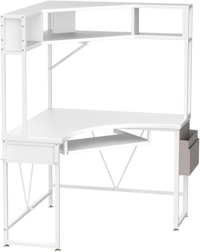 SEDETA Corner Desk, 39" W x 62" H Small Office Desk with Hutch & LED Lights, Triangle Gaming Computer Desk with Keyboard Tray, Storage Bag, and Headphone Hook for Small Space, White