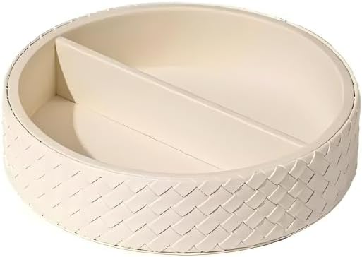 Round Faux Leather Vanity Tray Organizer for Dresser Perfume | Elegant woven leather tray for perfume, sunglasses & keys. A stylish 2-compartment organizer for your console table.