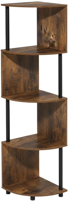 Furnifact Amber Pine Black 4-Tier Zigzag Corner Shelf Bookcase, Elegant Wooden Design, Space-Saving Corner Unit, Durable Construction, Stylish Modern Look