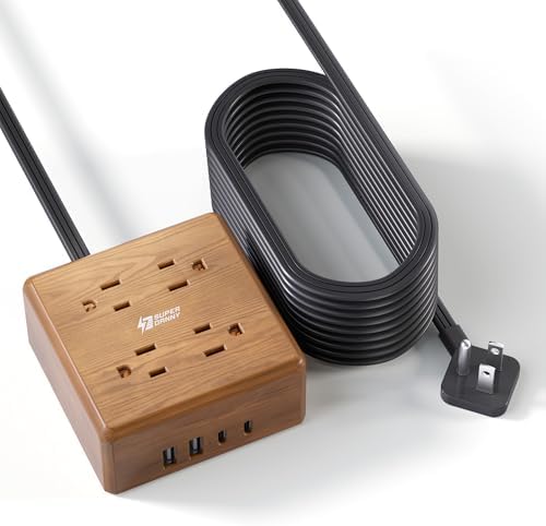 USB Power Strip Surge Protector - SUPERDANNY Desktop Extension Cord with 4 Widely Spaced Outlets & 4 Smart USB Ports, Portable Charging Station for Home, Office, Hotel, Dorm, RV, Faux Walnut Grain