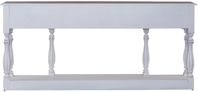 BOWERY HILL 72-Inch Console Table, Poplar Solids with White Oak and Birch Veneers, Antique White Finish, Weathered Brown Whitewash Top, 3 Drawers, Bottom Shelf, Traditional Hall Table for Storage