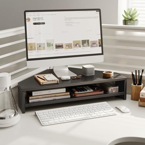 Wooden Triangle Corner Monitor Stand, Desk Riser with Storage for Keyboard & Mouse, Space-Saving Corner Organizer for Office Workspace, Ergonomic Design
