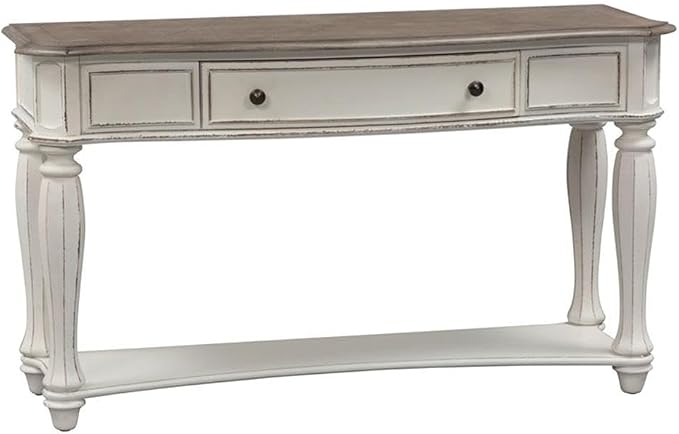 BOWERY HILL Traditional Magnolia Manor Console Table, 52" W x 18" D x 30" H, Rubberwood with White Oak & Birch Veneers, Antique White Finish with Weathered Brown Top, Living Room Table with Drawer
