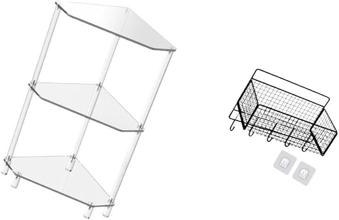 Acrylic Corner Side Table Includes Three Tier End Table Hanging Wall Organizer Cabinet Storage Basket Shelves Clear Acrylic and Metal Wir