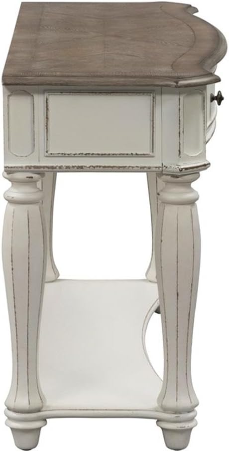 BOWERY HILL Traditional Magnolia Manor Console Table, 52" W x 18" D x 30" H, Rubberwood with White Oak & Birch Veneers, Antique White Finish with Weathered Brown Top, Living Room Table with Drawer