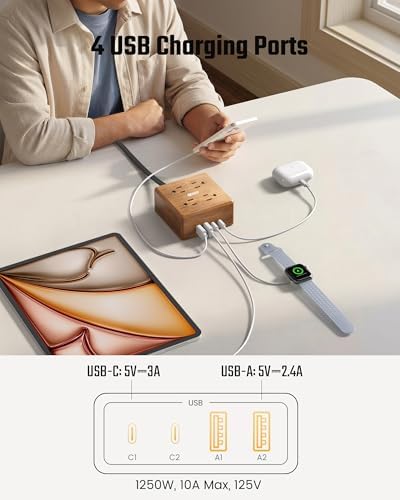 USB Power Strip Surge Protector - SUPERDANNY Desktop Extension Cord with 4 Widely Spaced Outlets & 4 Smart USB Ports, Portable Charging Station for Home, Office, Hotel, Dorm, RV, Faux Walnut Grain