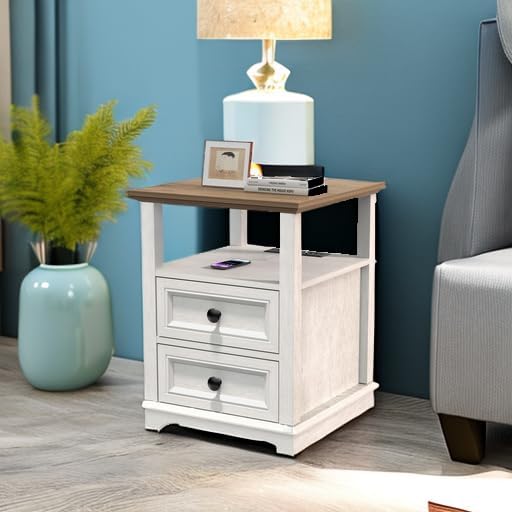 REDAYFUR 18" Wide End Table with Fast Charging Station Set of 2, 18” Wide Sofa End Table with Drawers,Storage Rustic Wood Storage Cabinet,Sofa Table for Living Room,White