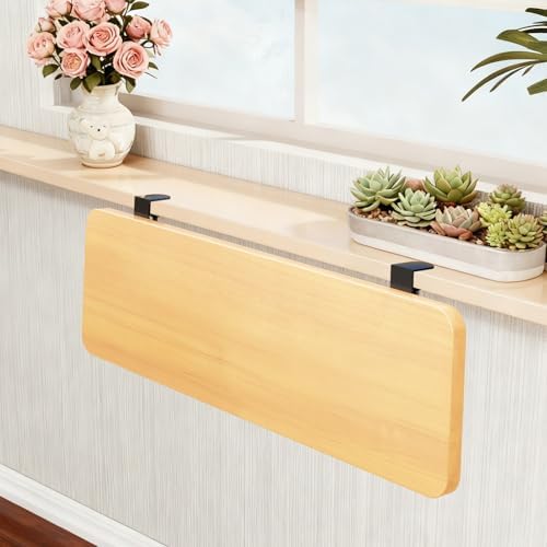 Fold Down Window Extender Shelf, Clamp On Desk Edge Extension Plate, 90 Degree Rotating Ledge for Plants Decor Storage, Space Saving Organizer with Iron Brackets MDF, Fits Thick Sills