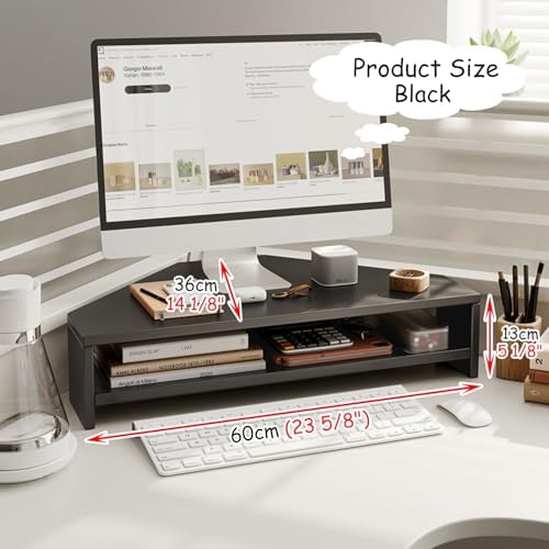 Wooden Triangle Corner Monitor Stand, Desk Riser with Storage for Keyboard & Mouse, Space-Saving Corner Organizer for Office Workspace, Ergonomic Design
