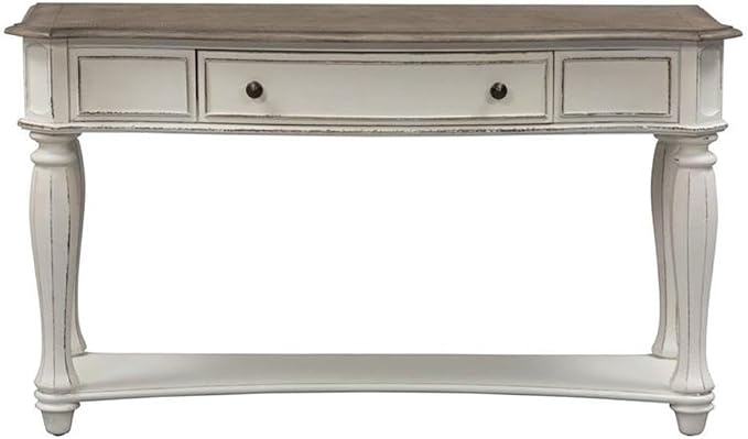 BOWERY HILL Traditional Magnolia Manor Console Table, 52" W x 18" D x 30" H, Rubberwood with White Oak & Birch Veneers, Antique White Finish with Weathered Brown Top, Living Room Table with Drawer