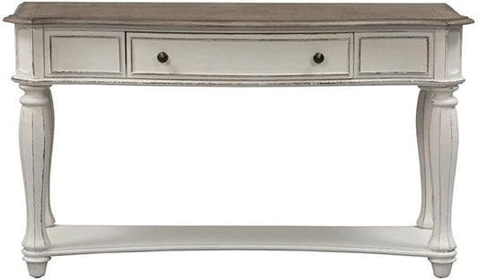BOWERY HILL Traditional Magnolia Manor Console Table, 52" W x 18" D x 30" H, Rubberwood with White Oak & Birch Veneers, Antique White Finish with Weathered Brown Top, Living Room Table with Drawer