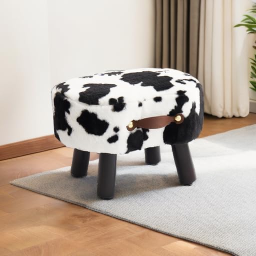Foot Stools Small, Cow Ottomon with Handle, Velvet Footrest | Curved Foot Stool with Padded Seat Wooden Legs, Portable Foot Rest for Living Room, Bedroom, Entryway (Cow)