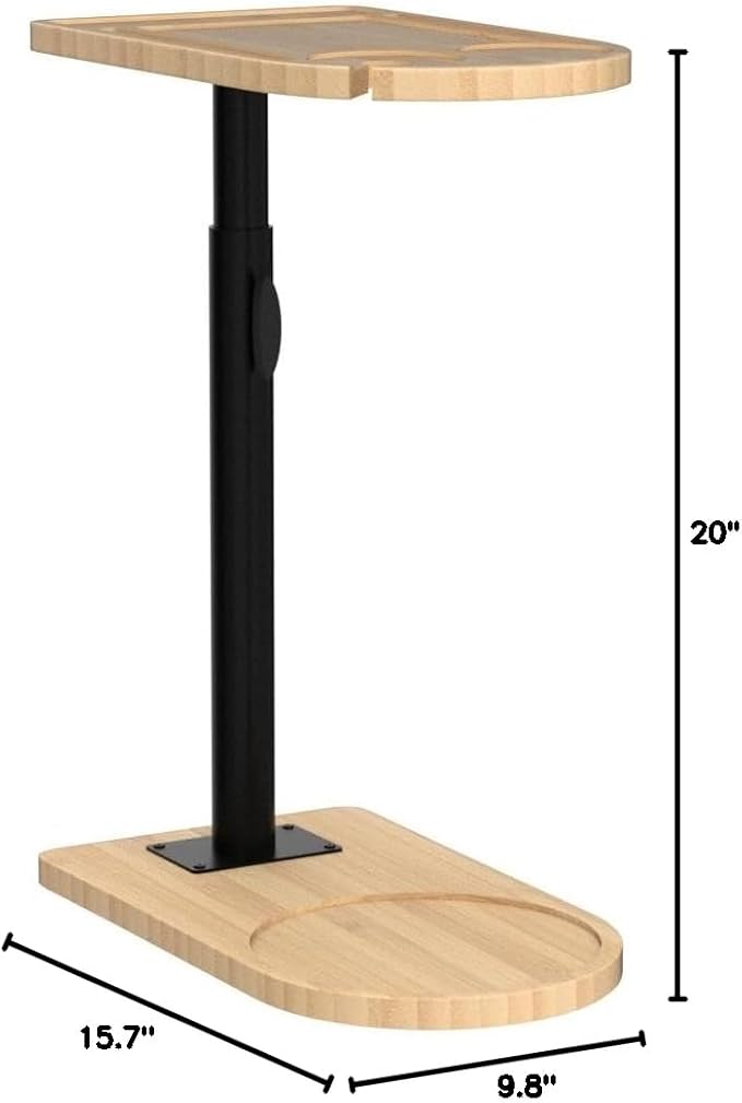 YUHFERA 360° Rotatable Sofa Tray Table for Couch Arm - Height Adjustable End Table for Bed or Chair with Phone & Tablet Slots, TV Tray Table, Side Table Tray for Small Spaces（Bamboo,Arc）