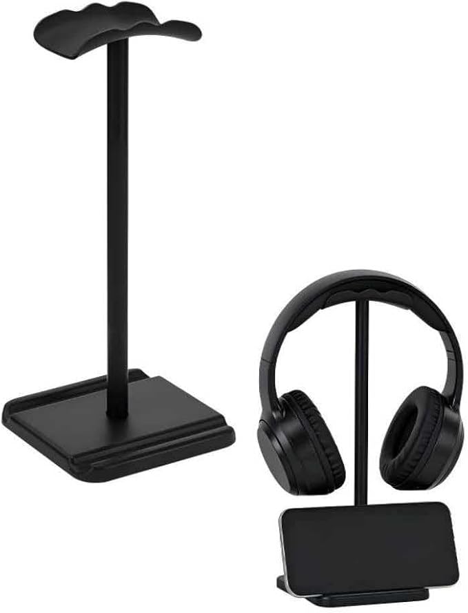 Headphone Stand, Headset Holder with Phone Holder for Desk Office Gaming, TPU-Padded Headrest, Aluminum Pole, Anti-Slip ABS Base, Universal Earphone Stand, 2 Pack Black