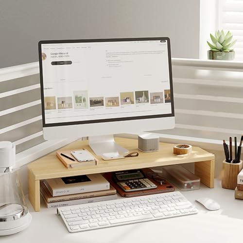 Wooden Corner Monitor Stand - Triangle Design Riser for Desk, Organizer for Keyboard & Mouse, Ideal for Home Office & Workspace Efficiency